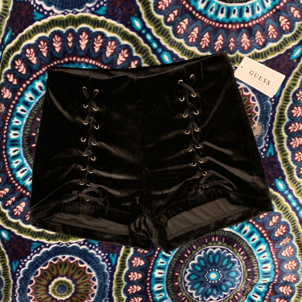 Guess High Waist Tie Black Velvet shorts